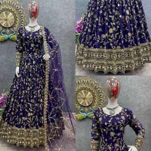 Vestido de Fiesta o Boda con Bordado de Lentejuelas sobre Tela de Georgette Sintética, Completamente Cosido, con Pantalón y Dupatta - Product Image 5