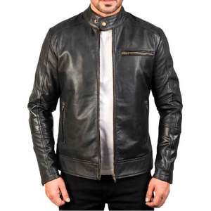 Leather Jacket Real Cowhide Leather Outerwear Zipper Closure <b>Band</b> Collar <b>Snap</b> Button Zipper Cuffs Classic Style for Men - Product Image 1