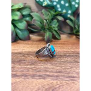 Anillo de Plata de Ley para Hombre con Incrustaciones de Turquesa y Coral Navajo, Chapado en Oro Rosa y Rodio, Talla 10.75, Regalo - Product Image 5