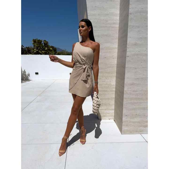 Women's Linen Fabric One-Shoulder Waist Belt Detailed Dress