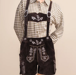 Pantalones cortos de cuero de mujer bávaro bordados Oktoberfest tipo exterior corto lavado oscuro decoración de botones de cintura media - Product Image 1