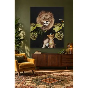 Impression sur toile Fida Lion et chaton parmi des feuilles tropicales - Product Image 3
