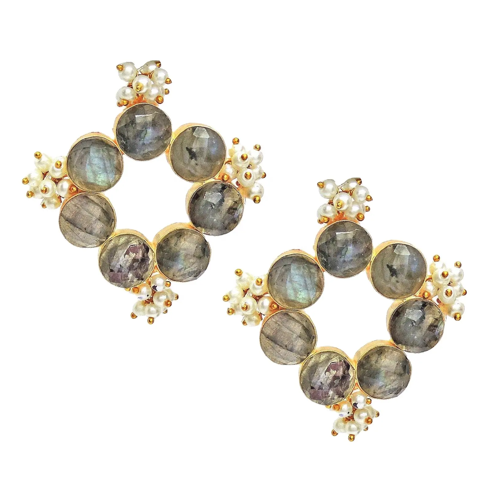 Big Hoop Labradorit besetzt mit Perle vergoldeten Modeschmuck Ohrringe für Frauen von indischen Lieferanten