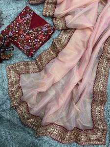 ชุดส่าหรีผ้าไหมอินเดียสำหรับงานแต่งงานส่าหรีผ้าตาข่ายแบบโมโนหนักสุดพิเศษส่าหรี - Product Image 5