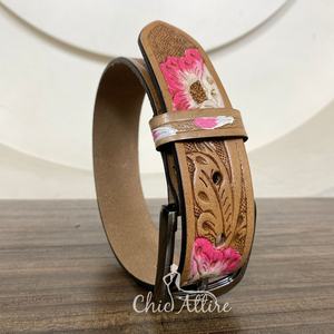 เข็มขัดหนังแท้สำหรับเด็กพร้อมเครื่องมือแนวตะวันตกดีไซน์ลายดอกไม้สีชมพูทนทานและมีสไตล์สำหรับเด็กชายและเด็กหญิง - Product Image 1