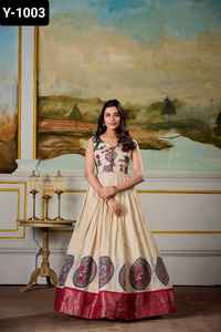 Vêtements ethniques indiens en soie Dola lourde avec imprimé Kalamkari avec tissage Zari Broder prêt à porter robes Anarkali pour femmes - Product Image 5