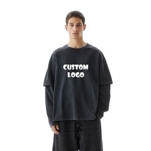 เสื้อยืดคอกลมแขนยาวผ้าฝ้าย100% ลำลองโอเวอร์ไซส์สำหรับผู้ชายซักได้โลโก้แบบสองชั้น - Product Image 1