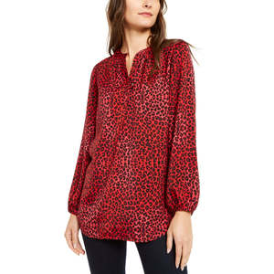 NY Collection Top da donna in chiffon rosso con maniche a vescovo, stampato, con scollo a V, stile casual, taglia Petite XL - Product Image 1