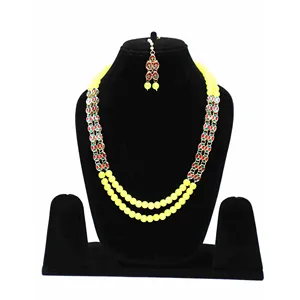 24K Gold Plated Kundan Long Necklace Set Vintage Style Bridal and Party Fine Jewelry with Zircon <b>Yellow</b> - Product Image 3