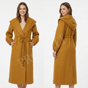 Manteau long en laine à capuche très vendu avec taille à cordon, chaud pour l'hiver, élégant, décontracté, respirant, de qualité supérieure, couleur unie - Product Image 6