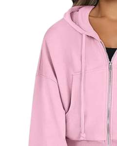 Sweat-shirt à capuche zippé court rose pour femmes, manches longues, décontracté, streetwear, pour femmes, mode, vêtements d'hiver, usage quotidien, hauts - Product Image 3