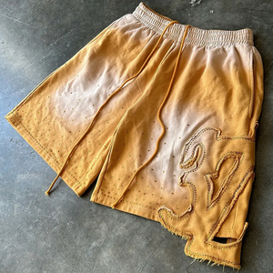Men's Embroidered Drawstring Shorts Mid Waist Street Style Polyester Breathable Short Length Black Red Pink Olive Brown - Product Image 2