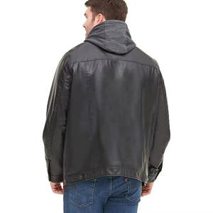 Men's Casual Leather Trucker Hoodie with <b>Sherpa</b> Lining Customizable Winter Bib <b>Fleece</b> Lining Canvas <b>Fabric</b> - Product Image 3