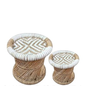 Set 2 Boho Bone Inlay Console <b>Stool</b> Handwoven Natural Bamboo Wicker Ottoman Pouffe Traditional Bedroom Apartment Furniture Soft - Product Image 3