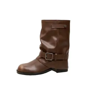 Bottes d'hiver rétro marron et noires mi-mollet à talon carré en cuir véritable avec doublure antidérapante en caoutchouc EVA, chaudes et élégantes - Product Image 1