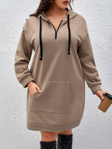 Robe pull à capuche en molleton pour femme, beige, brodée, 100% coton, unie, demi-zip, streetwear, décontractée, hiver, poche avant - Product Image 5