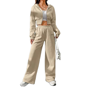 Vêtements personnalisés pour femmes, ensemble deux pièces, sweat à capuche zippé court, pantalon évasé, survêtement personnalisé avec logo, survêtement élégant pour femmes - Product Image 5