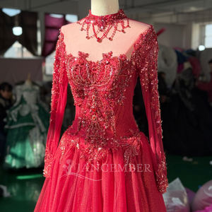 فستان سهرة فاخر أحمر من جانسمبر XS256 مزين بالخرز بأكمام طويلة، فستان حفلات براق بتصميم A-Line، فستان رسمي للاحتفالات - Product Image 6