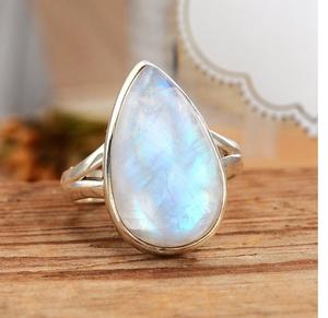 แหวนพลอยมูนสโตนสีรุ้ง925ทึบสไตล์โบโฮประดับพลอยรูปหยดน้ำตาแบบเรียบง่ายเครื่องประดับสำหรับผู้หญิง - Product Image 3