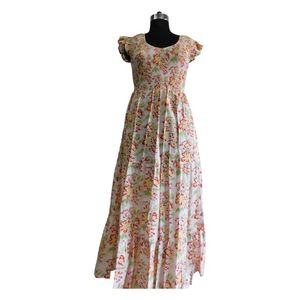 เดรสยาวผ้าฝ้ายทอมือลายดอกไม้พิมพ์ลายธรรมชาติสำหรับผู้หญิง พร้อมดีเทลสม็อคกิ้งแบบไร้แขน - Product Image 1