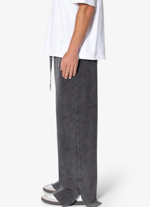 Custom Rhinestone Logo Streetwear Oversized Sweatpants 100% <b>Cotton</b> Acid washed Wide Leg <b>Raw</b> Bottom Hem Joggers For Men - Product Image 3