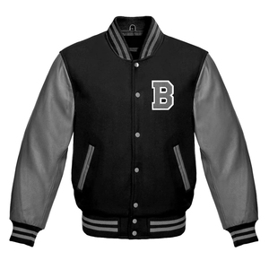 แจ็คเก็ตเบสบอลหนังแท้ปักลายสีดำสำหรับคู่รัก สไตล์นักศึกษา ขายดี แจ็คเก็ตเลตเตอร์แมนแขนหนังสำหรับผู้ชาย - Product Image 1