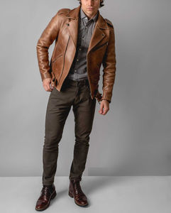แจ็กเก็ตหนังสีน้ำตาลแบบย้อนยุคสำหรับผู้ชายสไตล์ไฮสตรีทพร้อมกระดุมปิดแขนเสื้อปรับได้สวมใส่สบายสำหรับฤดูหนาว - Product Image 5