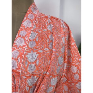 Kimono Boho de Algodón, Bata de Casa, Estampado a Mano Indio, Rosa Amanecer-Arancio, Bagh Luxurise, Cubre Traje de Baño - Product Image 2