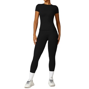 Ensemble de yoga 2 pièces personnalisé en tissu recyclé, manches longues, coupe ajustée, uni, grande taille, t-shirts de yoga, hauts, pantalons de sport à séchage rapide, leggings de fitness - Product Image 1