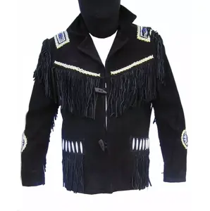 High Top Quality Fringed & Beaded Original Cow Suede Leather Western Style Men Eagle Style Cowboy Leather Jacket