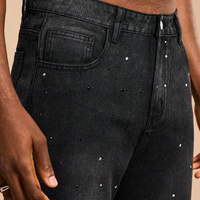 Jean coupe bootcut ample pour homme, gris foncé délavé, orné de strass et de rivets, style Hip Hop, pour soirée et streetwear