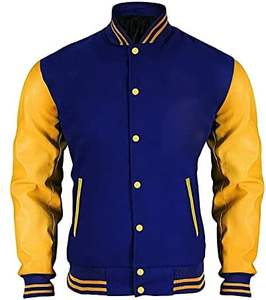 แจ็กเก็ตขนสัตว์มหาวิทยาลัยแบบลำลองของผู้ชายเสื้อโค้ทมีฮู้ดแขนเสื้อหนัง PU สำหรับใส่ไปโรงเรียนสไตล์นักบินเลตเทอร์แมน - Product Image 1