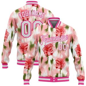 Vente en gros dans l'industrie directe Bomber 3D décontracté pour l'hiver personnalisé, rose blanc flou Art, veste Letterman Varsity à snap complet - Product Image 1