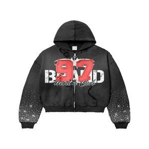 Sweat à capuche court personnalisé lavé à l'acide pour hommes en détresse Patch brodé avec ourlet brut Applique doublé Design ODM Supply - Product Image 3