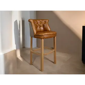 Taburete de Bar alto de cuero vintage moderno, marco de madera maciza para cocina, hogar, Bar, Hotel, comedor, dormitorio al aire libre - Product Image 4