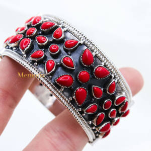 925 Sterling <b>Silver</b> Natural Red Coral Gemstone <b>Bracelet</b> <b>Silver</b> Kada Oxidized Bangle Jewelry for Wholesale - Product Image 6