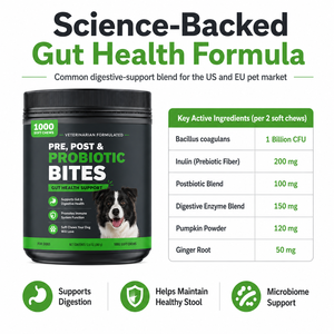 Suplemento Digestivo para Perros OEM, 1000 Unidades, Prebiótico <span class=keywords><strong>y</strong></span> Postbiótico, Masticables Suaves para Estómago Sensible, Marca Privada, Venta al Por Mayor - Product Image 6