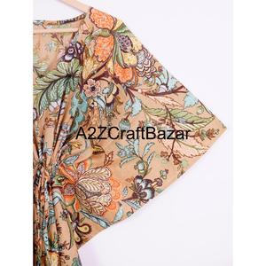 Kaftan pour femmes en coton indien imprimé à la main, motif floral, maxi longue robe de plage, vêtement de nuit, kimono, robe à col en V, ceinture, lavable, design Y2K - Product Image 4