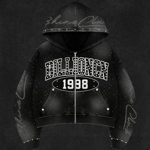 ชุดวอร์มสตรีทแวร์สไตล์วินเทจสำหรับผู้ชาย ตกแต่งด้วยคริสตัล ผ้าเฟรนช์เทอร์รี่ ทรงครอป ล้างสีแบบแอซิด ซิป แต่งขาด  ผ้าฝ้าย 100% - Product Image 2