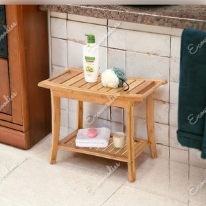 Tabouret de douche de luxe en bois de bambou organisateur de rangement de salle de bain banc extérieur intérieur à 2 niveaux pour tabouret de salle de bain Console d'incrustation d'os - Product Image 1
