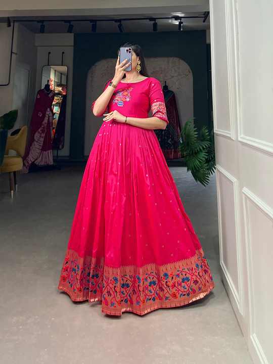 Unique Festive Anarkali Gown Crafted in Luxurious Silk with Rich Golden Motif Designs Accessible at Reasonable Price