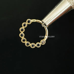 14K Solid <b>Gold</b> Bezel Set Miligrain Natural Black Diamond Daith Piercing Fine Jewelry. - Product Image 3