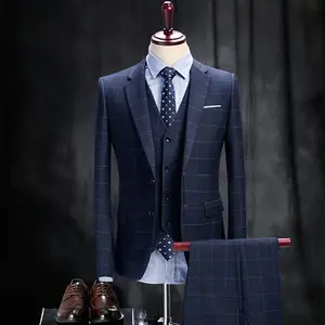 Auf Lager Herren Anzug 3 Stück Set Jacke Weste Hosen Plaid Grau Bräutigam Anzüge für Herren