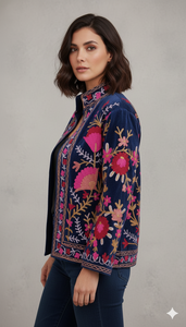 <b>Velvet</b> Suzani Embroidered Winter Short Jacket Breathable Party Wear <b>Coat</b> for <b>Women</b> - Product Image 4