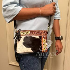 Hand Tooled Leather Cowhide Mini Crossbody Bag for Women's Wristlet Mobile Purse Custom Branded Western Cowhide Leather <b>Handbag</b> - Product Image 1