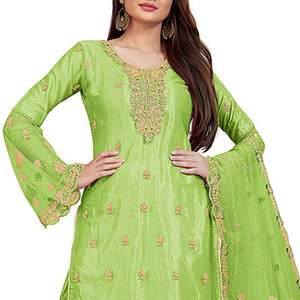 Salwar Kameez en soie brodée pour femmes, 3 pièces non cousues, couleur unie, style décontracté pour mariage/fête/occasions décontractées - Product Image 5