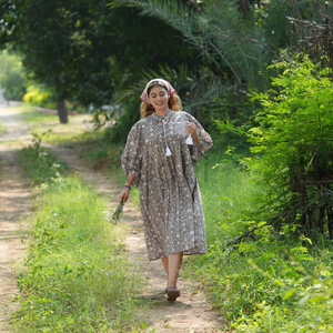 Vestido de algodón 100% con estampado de bloque de mano indio marrón musgo para mujer Summers Comfort Wear Maxi vestido de uso diario - Product Image 4