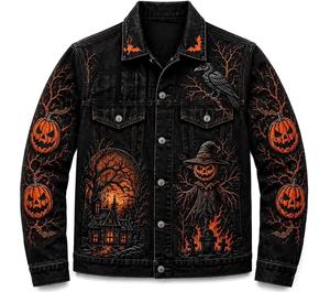 Sports World Halloween Automne Veste en jean pour homme noire, imprimé citrouille, corbeau et chauve-souris, délavée, coupe droite, fermeture boutonnée, logo, décontractée - Product Image 1