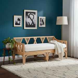 Banc en rotin tissé à la main avec cadre en bois massif solide et élégant pour patio, jardin ou salon - Product Image 3