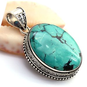 Colgante clásico de Plata de Ley 925 con piedras preciosas de turquesa tibetana, colgantes y dijes finos al por mayor en forma ovalada - Product Image 1